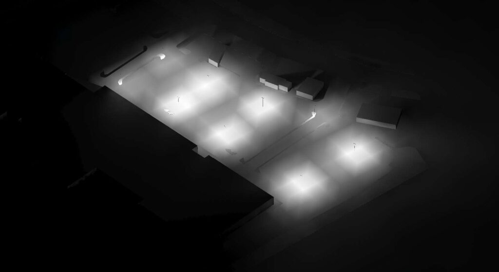 Secondary perspective showing distribution across the central parking area.